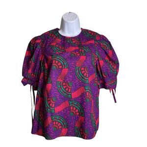 Ulla Johnson Women's Purple African Print Puff Sleeve Blouse Size 2 Boho Artsy